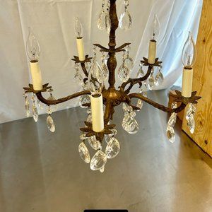 Antique 5 Arm Brass Chandelier w/ Crystals